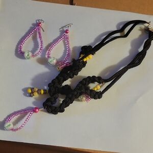 Black Yellow Pink Beaded Necklace Beaded Earring Set